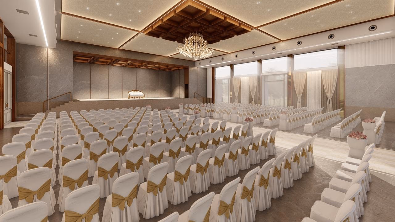 The pillarless mandapam at JS Grand, Kumbakonam — a premium wedding venue near the Swamimalai temple